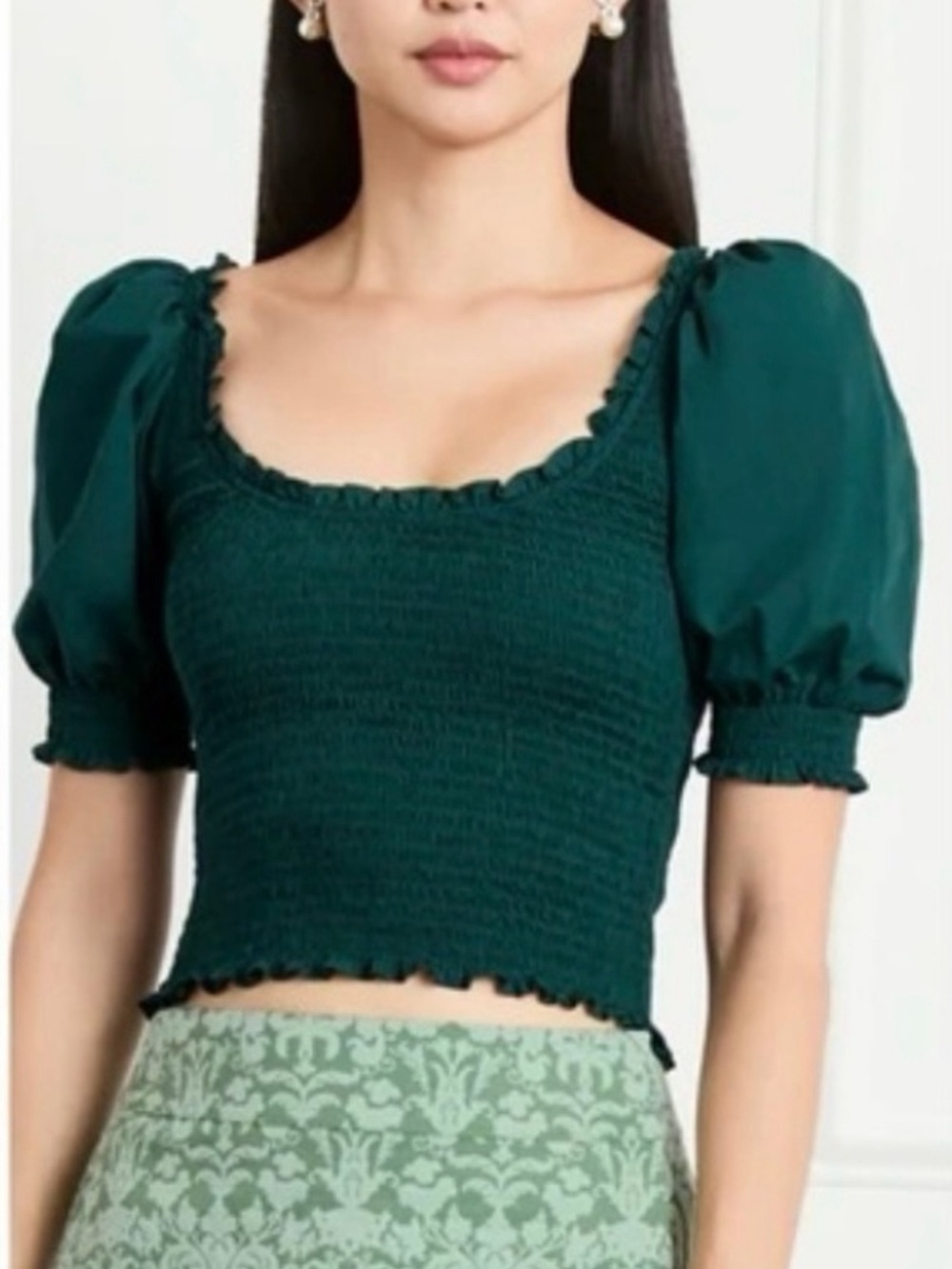 Hill House Deep Green Smocked Puff-Sleeve Crop Top